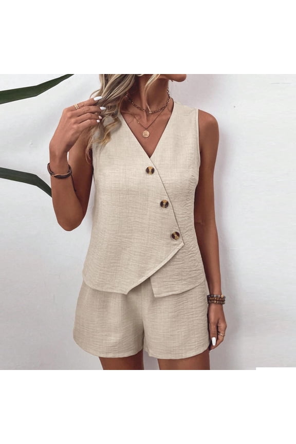 V Neck Outfits for Women Casual Dressy Top and Shorts Summer Sleeveless Plain Juniors 2 Piece Set