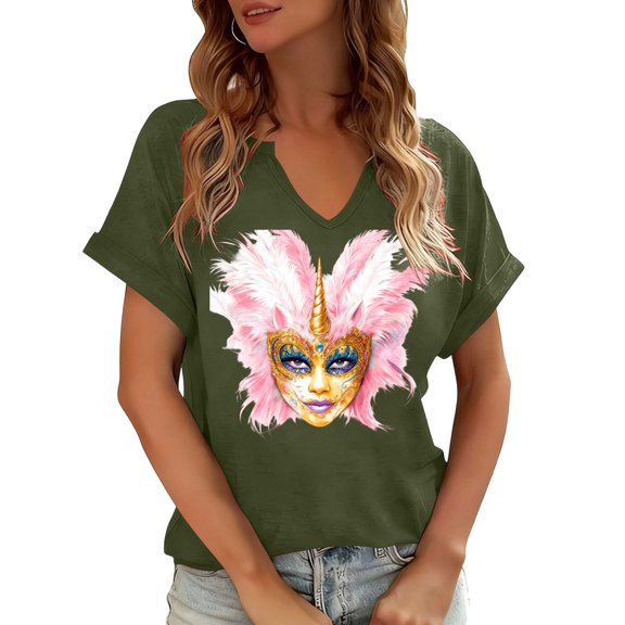 Elvqul V Neck Shirts for Women Mardi Gras Short Sleeve Tops Plus Size Funny Pullover Womens Blouses Mask Graphic