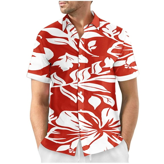 Elvqul Vacation Shirts for Men Short Sleeve Red Hawaii Big and Tall Shirts Summer Button down Lapel Everyday Print Tops