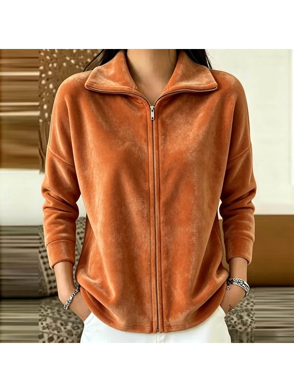 Velvet Jacket Long Sleeve Stand Collar Zip Up Casual