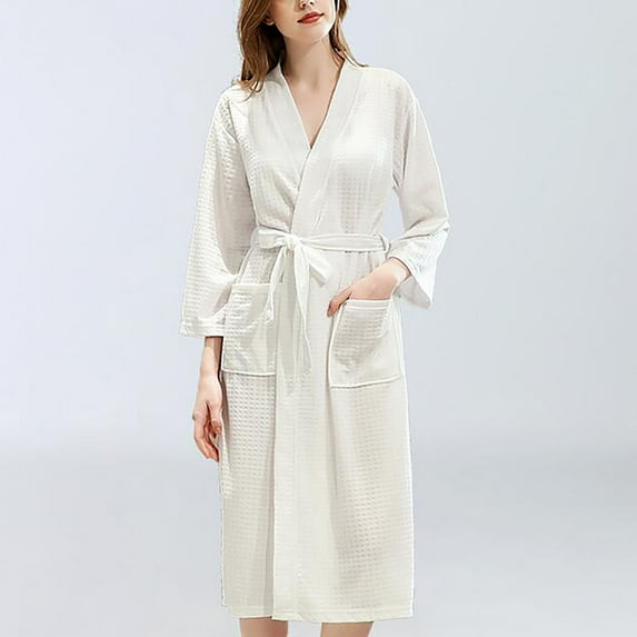 Elvqul White Robes Long Length Waffle Knited Sleepwear Soft Plain Womens Unisex Robe