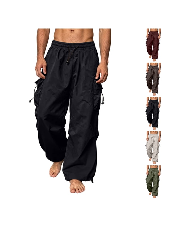 Cargo Pants with Pockets for Men Black Relaxed fit Elastic Waist Pants Loose Outdoor Hiking Streetwear Solid Color Baggy Wide Leg Pants