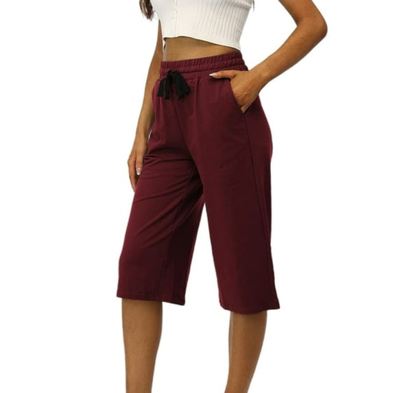 Elvqul Wine Capris Pants for Women Womens Pants Under $10 Casual Elastic Loose Cropped Pockets Pants