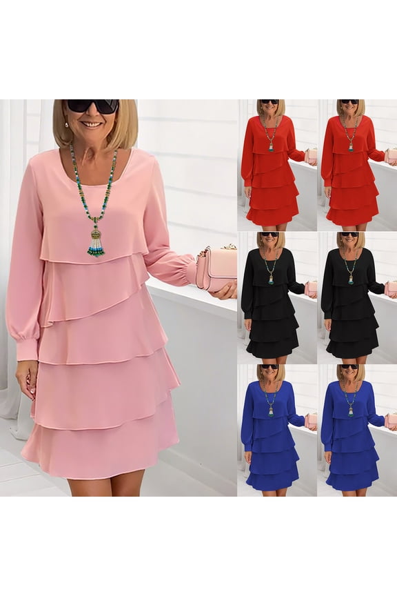 Winter Dresses for Women Black Dress Vacation Crew Neck Loose Solid Color Long Sleeve Ladies Long Dresses Tunic