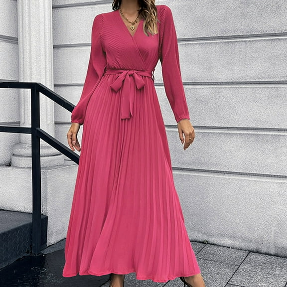 Elvqul Winter Dresses for Women Pleated A Line Dress Belted Hot Pink House V Neck Slim Womens Maxi Dress Solid Color
