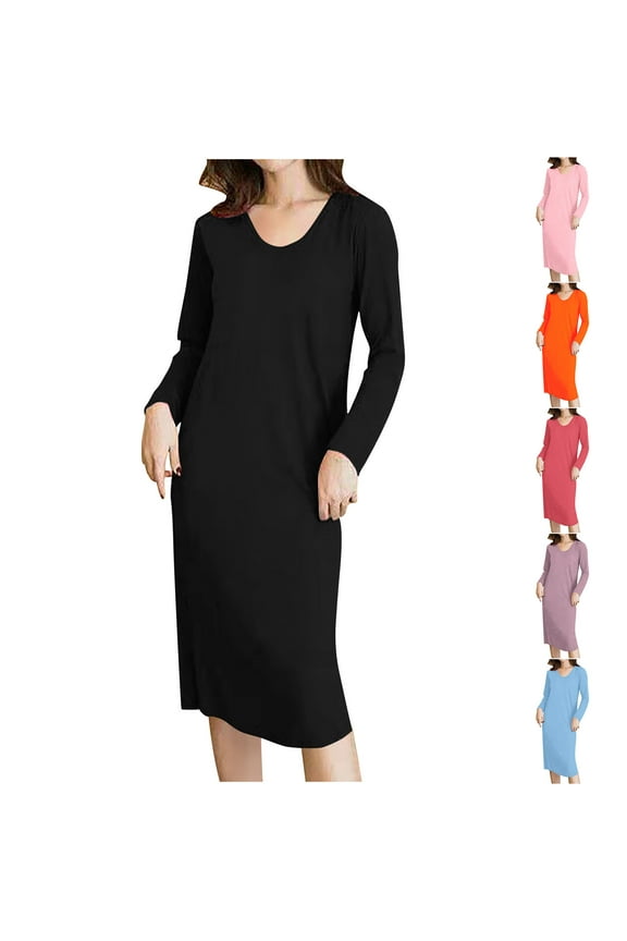 Winter Nightgowns for Women Black Sleepwear Long Sleeve Padded Fashion Crew Neck Solid Color Womens Night Shirts Mid Length