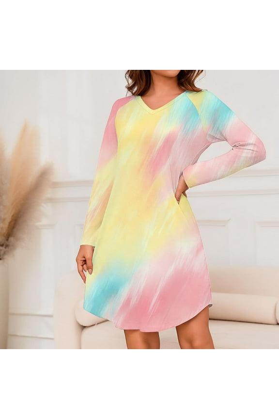Winter Nightgowns for Women Long Sleeve Sleepwear Long Crew Neck Print Loose Fitting Ladies Nightdress Comfortable