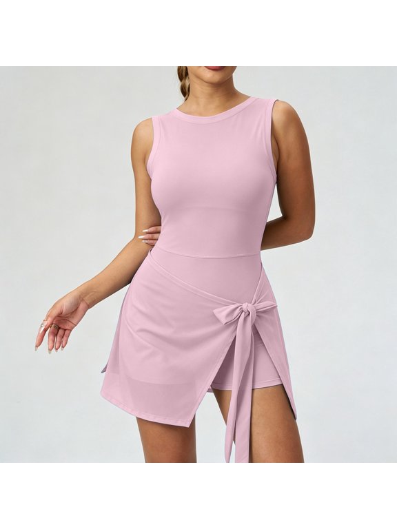 Women Athletic Romper Workout Jumpsuit with Built-in Shorts, Sleeveless Quick Dry Active One Piece Skort Romper with Side Tie for Gym Tennis Yoga