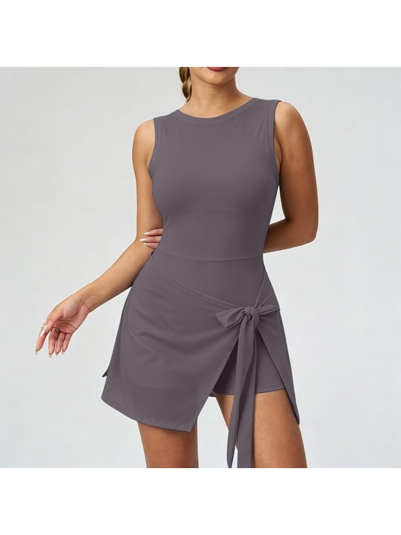 Women Athletic Romper Workout Jumpsuit with Built-in Shorts, Sleeveless Quick Dry Active One Piece Skort Romper with Side Tie for Gym Tennis Yoga