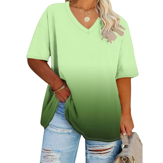 Elvqul Women Casual Tops Green V-Neck Short Sleeve Ladies T Shirts Plus Size Oversized Gradient Print Tops