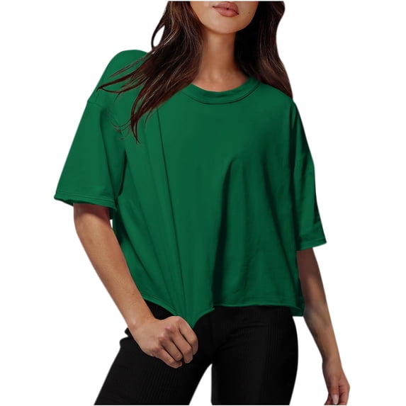 Elvqul Women T Shirts Crew Neck Short Sleeve Green T-shirt Oversized Solid Crop Fashion Casual Tops
