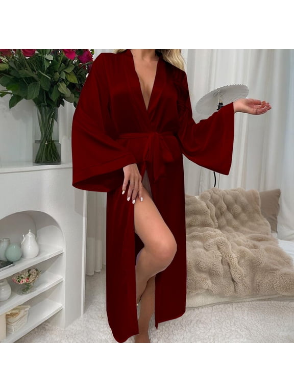 Women's Bathrobe - Long Sleeve, Deep V-Neck, Polyester, Solid