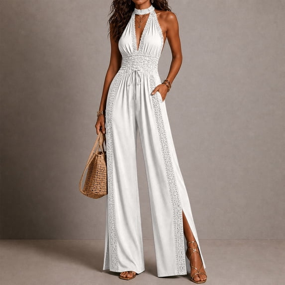 Elvqul Women's Elegant Chic Boho Rayon Sleeveless Jumpsuit, with Pockets, High Waisted, Wide Leg Full Length for Party, Vacation, Spring & Summer