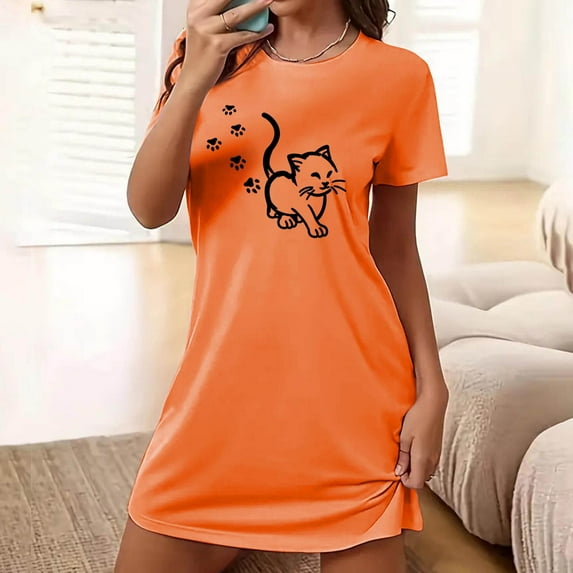 Elvqul Women's Nightgowns Plus Pajamas Dress for Women Short Pull on Orange Short Sleeve Soft Nightgowns