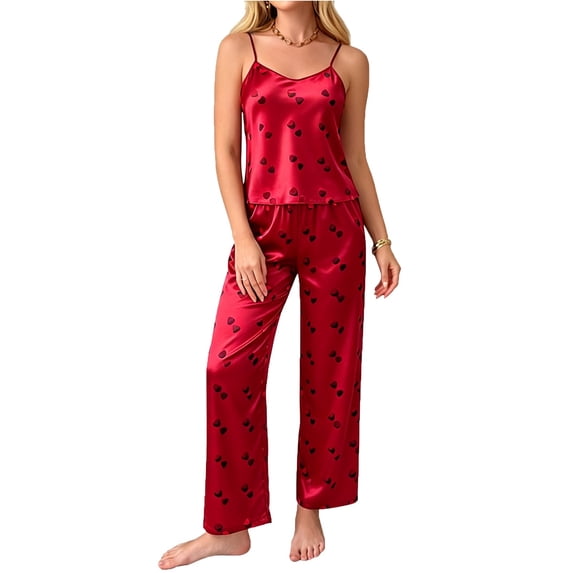 Elvqul Relaxed Fit Heart Print Sleeveless V-Neck Satin Silk Long Pants Pajama Set for Women Soft Sleepwear Loungewear