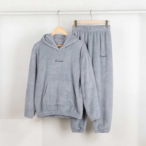Elvqul Loose Fit Printed Design Long Sleeve Crew Neck Flannel Fleece Long Pants Side Pockets Pajama with Embroidered Detail