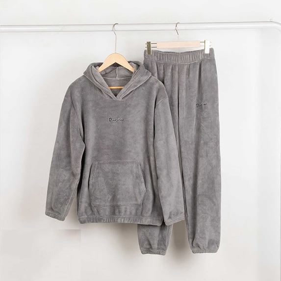 Elvqul Loose Fit Printed Design Long Sleeve Crew Neck Flannel Fleece Long Pants Side Pockets Pajama with Embroidered Detail