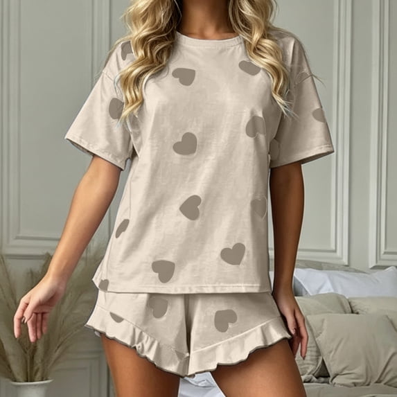 Elvqul Women's Ruffled Hem Short Sleeve Shorts Pajama Set
