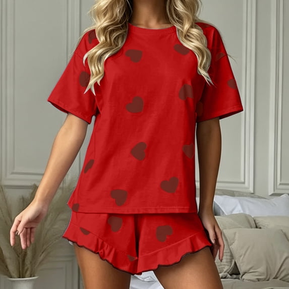 Elvqul Women's Ruffled Hem Short Sleeve Shorts Pajama Set