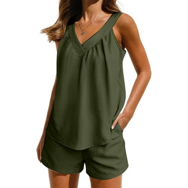 Elvqul Women's Pajamas on Clearance 2PC Womens Pajamas Plus Size Army Green Tops and Shorts Summer