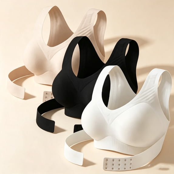 Elvqul Women's Wide Straps Molded Cups Cross-Back Seamless Wireless Bra Solid Sporty Smooth Knit Full Coverage Athletic Active 3-Pack