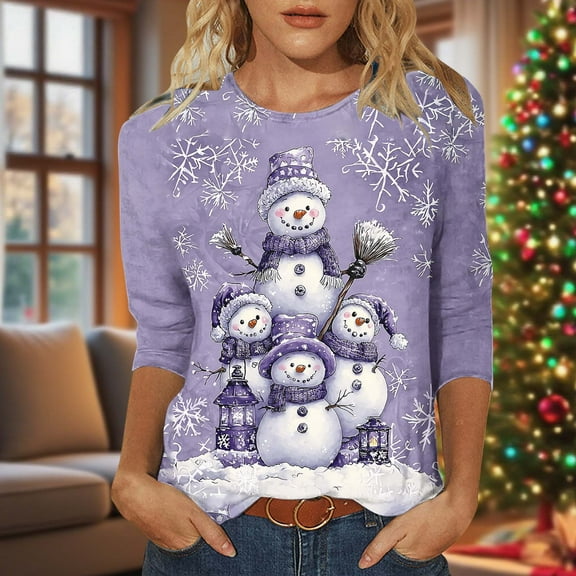 Elvqul Womens 3/4 Sleeve Blouses Shirts Going Out Pullover Christmas V Neck Snowman Blouses for Women Cold Weather