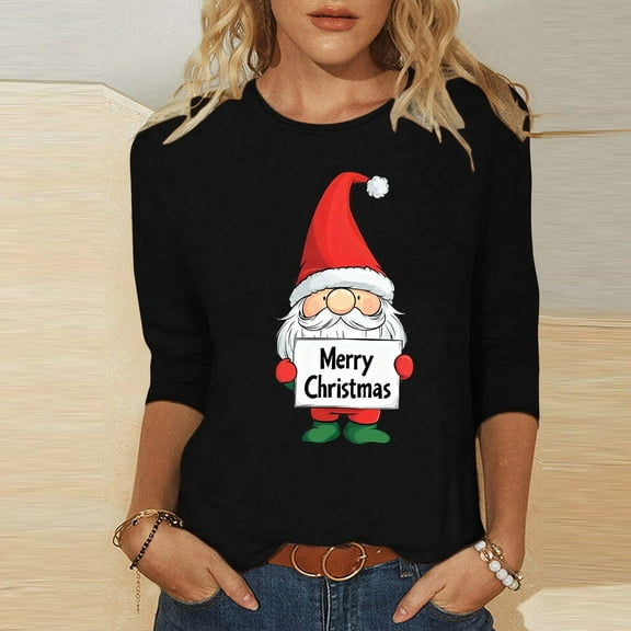 Elvqul Womens 3/4 Sleeve Shirts Loose Shirts Graphic Daily Winter Crew Neck Fashion Tops for Ladies