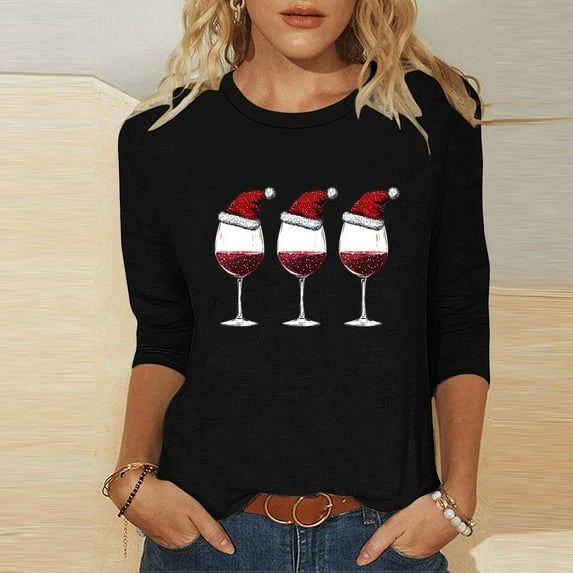 Elvqul Womens 3/4 Sleeve Tops Shirts Merry Christmas Loose Cute Crewneck Blouses for Women Pullover