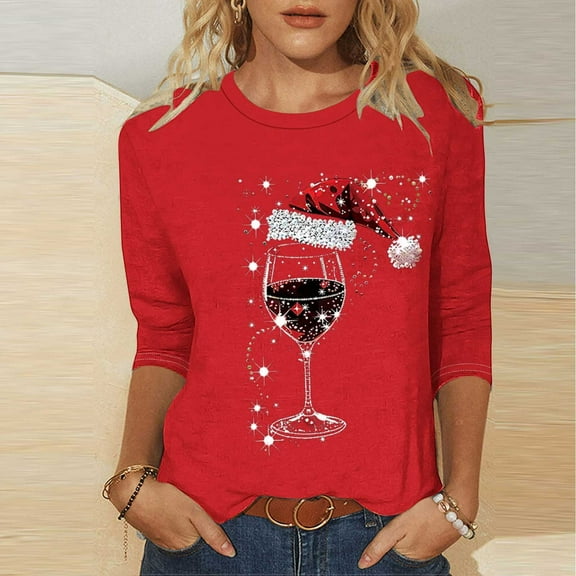 Elvqul Womens 3/4 Sleeve Tops Trendy Shirts Pullover Cold Weather Crewneck Christmas Tops for Women Graphic