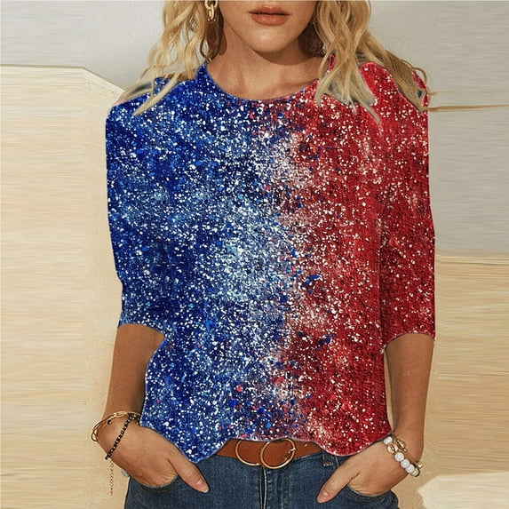 Elvqul Womens American Flag Blouses Independence Tops Patriotic Fourth of July 3/4 Sleeve Crew Neck T Shirts for Juniors