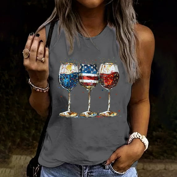 Elvqul Womens American Flag Shirts Pink Plus Size Tops Patriotic 4th of July Sleeveless Independence Round Neck T Shirts for Women Elastic