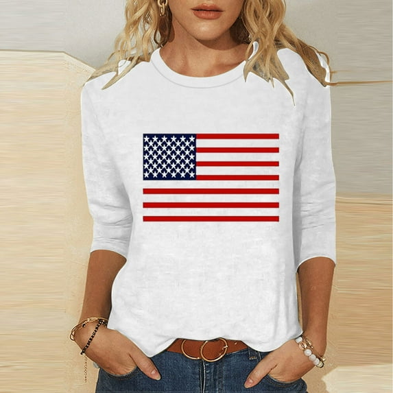 Elvqul Patriotic T Shirts for Women 4th of July Tops Independence Elastic Crew Neck American Flag White Ladies Shirts 3/4 Sleeve