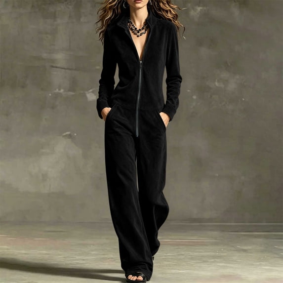 Elvqul Womens Athletic Jumpsuit Velour Zip Up Stand Collar Long Sleeve Wide Leg with Front Zipper Side Pockets Ribbed Cuffs Sporty Casual One Piece Activewear Streetwear