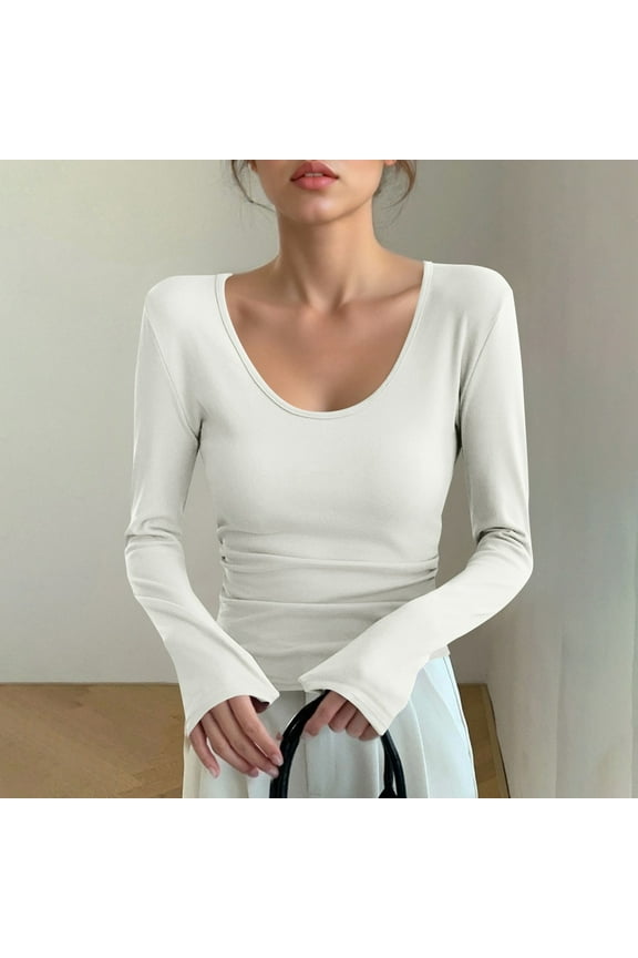 Womens Beige Tops Casual Blouse Long Sleeve Solid Color Plus Size Tunic Shirt for Juniors Comfy