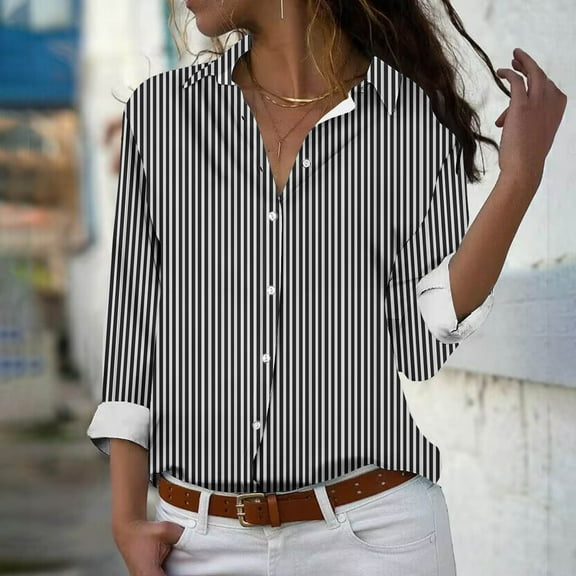 Elvqul Womens Black Shirts Collared Button down Tops for Women Striped Long Sleeve Comfy Shirt