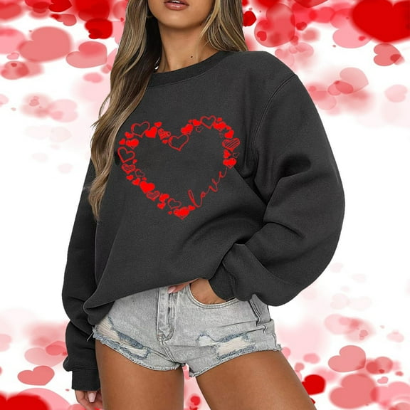Elvqul Womens Black Sweatshirts Graphic Long Sleeve Tops Crewneck Fleece Valentine's Day Sweater Sweatshirts