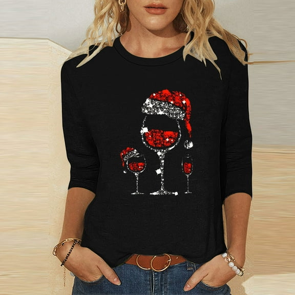 Elvqul Womens Blouses 3/4 Sleeve Shirts Christmas Crewneck Loose Funny Dressy Tops for Ladies Red