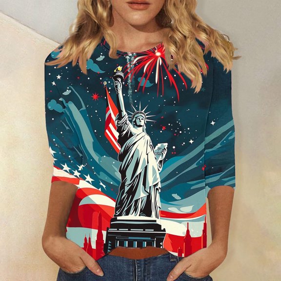 Elvqul Womens Blouses American Flag Tops Patriotic Independence Pullover 4th of July 3/4 Sleeve Eagle Elastic Shirts for Ladies Round Neck