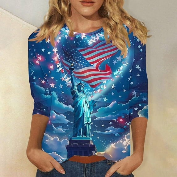 Elvqul Womens Blouses Fourth of July Independence Tops Star American Flag Crew Neck Pullover Patriotic Shirts for Juniors 3/4 Sleeve