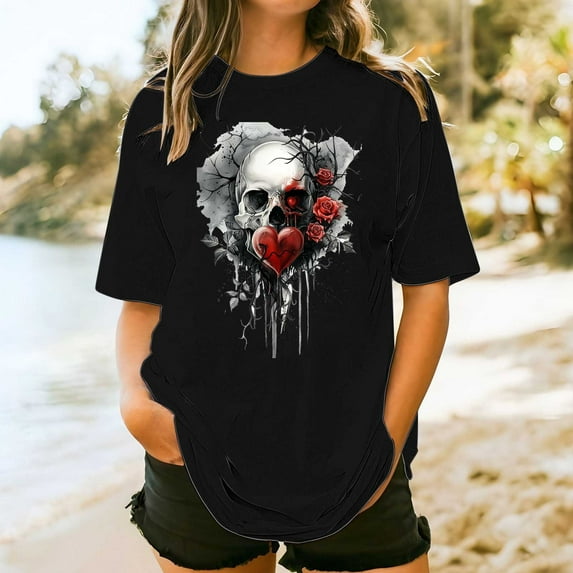 Elvqul Womens Blouses Graphic T Shirts Casual Short Sleeve Plus Size Crew Neck Tops for Women Black