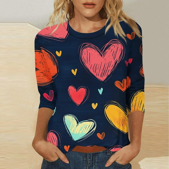 Elvqul Womens Blouses Plus Size Navy 3/4 Sleeve Crew Neck T-Shirts Love Print Fashion Juniors Pullover Blouses