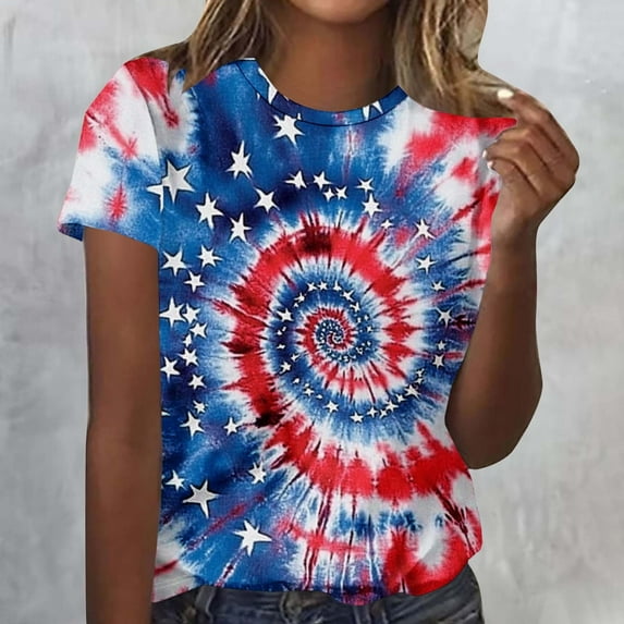 Elvqul Womens Blouses Plus Size Patriotic 4th of July Tops Red American Flag Pullover Crew Neck Independence Day Short Sleeve Shirts for Juniors Eagle