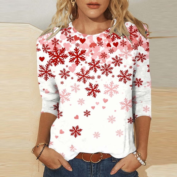 Elvqul Womens Blouses Relaxed Fit Shirts 3/4 Sleeve Christmas Merry Christmas Print Pullover Blouses for Women Soft