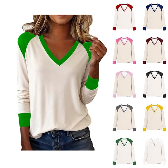 Elvqul Womens Blouses V Neck Shirts Long Sleeve Trendy Color Block Pullover Blouses for Women