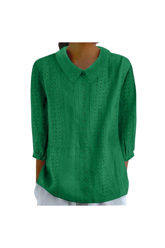 Womens Blouses Womens Shirts Pullover Pull on Collared 3/4 Sleeve Solid Comfy Green Shirt