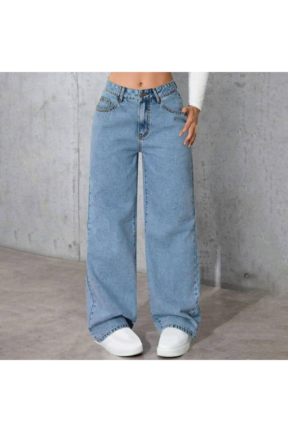 Womens Blue Pants Loose High Waist Trousers with Pockets Solid Casual Wide Leg Lightweight Long Pants for Juniors