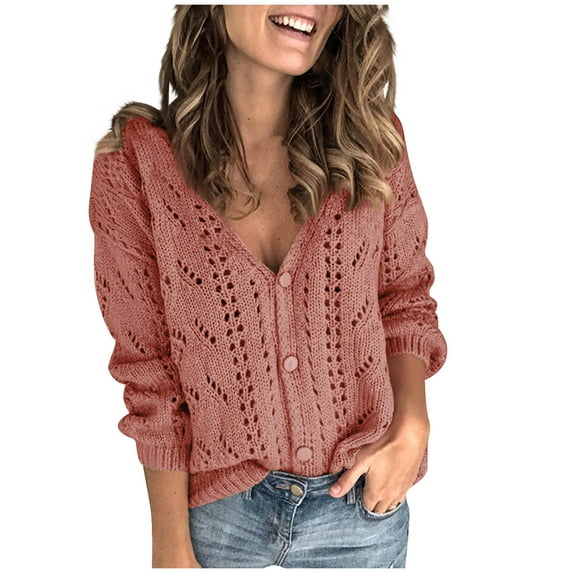 Royisotas Womens Button Down Sweaters Red Cardigan Fashion V Neck Solid Color Sweater Tops for Women