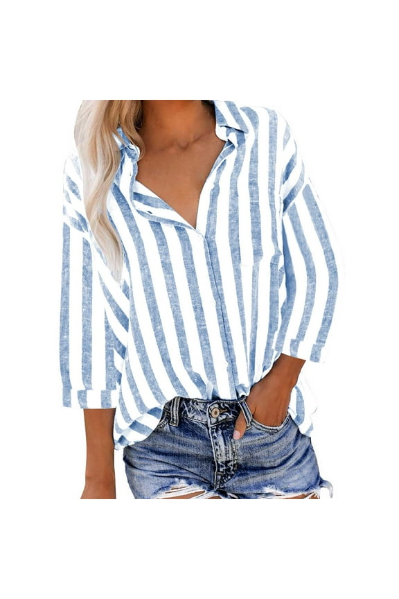 Womens Button down Shirts Womens Tops Light Blue Striped 3/4 Sleeve Summer Collared Shirt