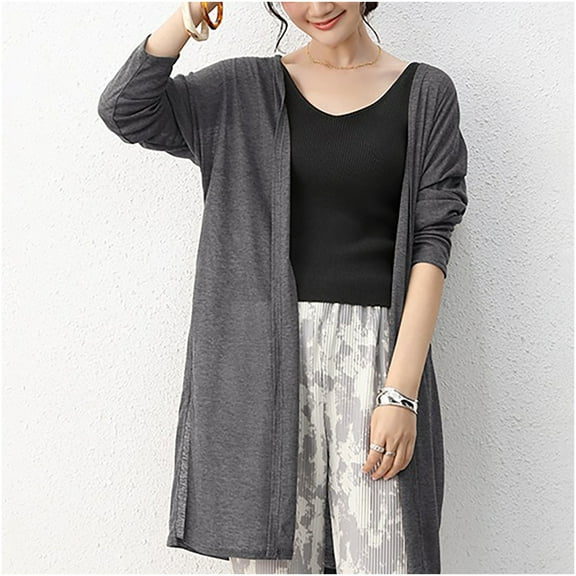 Elvqul Womens Cardigan Long Casual Lightweight Sweaters Dark Gray Comfortable Thin Long Sleeve Coats for Ladies Solid Color