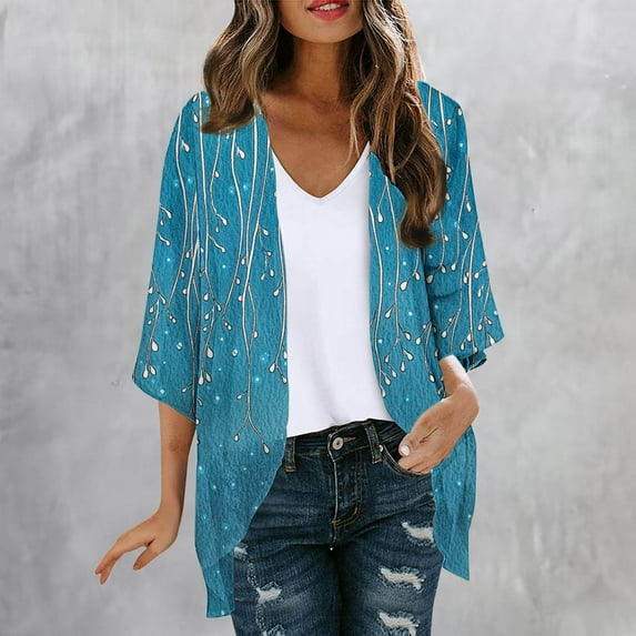 Vetsdori Womens Cardigans Jackets Vintage Blue Open Front Holiday Flower Print Fall Slim Fit Soft Cardigans for Women 3/4 Sleeve